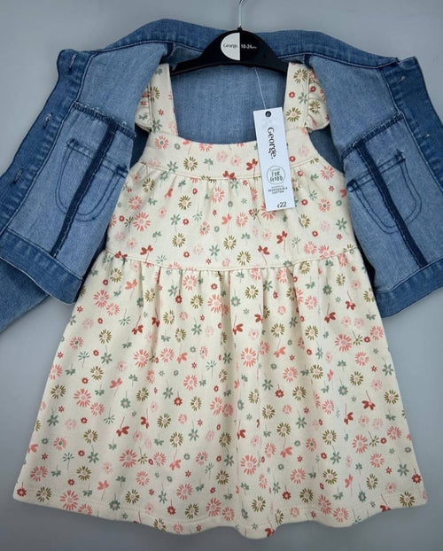 Ensemble 2 Pièces : Veste en Jean & Robe Fleurie - Bébé Fille (George) + Collant GRATUIT