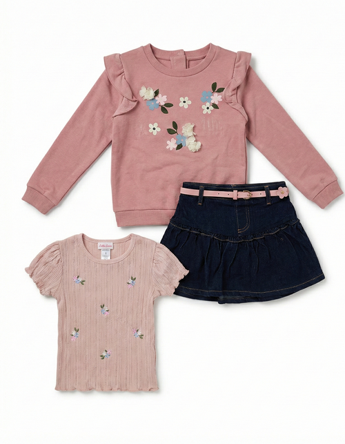 Ensemble "Princesse Flora" 3-en-1 : Pull, T-shirt & Jupe Denim + Collant GRATUIT